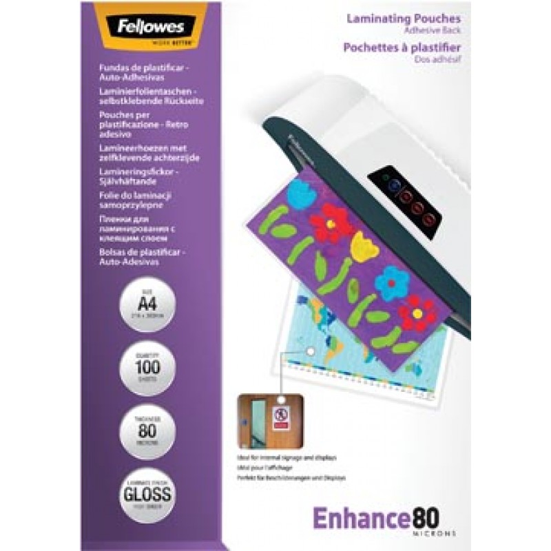 5302202:Fellowes pochette à plastifier Enhance80 auto-adhésif ft A4, 160  microns (2 x 80 microns), paquet de 100