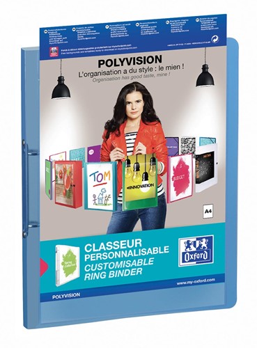 OXFORD Polyvision classeur à anneaux personnalisable, format A4, en PP, dos de 3 cm, 2 anneaux, bleu
