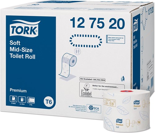 Tork Premium papier toilette soft, mid-size, 2 plis, système T6, blanc, paquet de 27 rouleaux