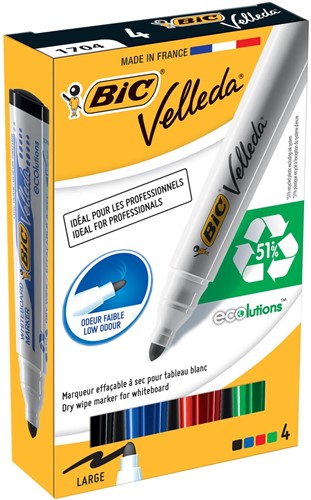 Bic marqueur pour tableaux blancs 1701, boîte de 4 pièces en couleurs assorties