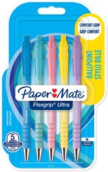 Paper Mate stylo bille Flexgrip Pastel RT, moyenne, encre bleu, blister de 5 pièces, assorti