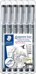 Staedtler pigment liner fineliner, pointe ronde, différentes largeurs de trait, etui de 4 + 2, noir