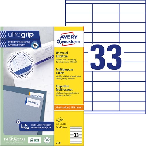 Avery Zweckform 3421, étiquettes universelles, Ultragrip, blanc, 100 feuilles, 70 x 25,4 mm-2