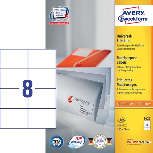 Avery Zweckform 3427, étiquettes universelles, Ultragrip, blanc, 100 feuilles, 105 x 74 mm-3