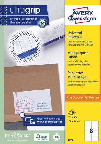 Avery Zweckform 3427, étiquettes universelles, Ultragrip, blanc, 200 feuilles, 105 x 74 mm