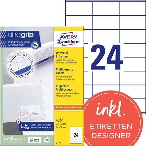 Avery Zweckform 3475, étiquettes universelles, Ultragrip, blanc, 200 feuilles, 70 x 36 mm-3