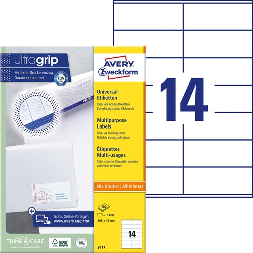 Avery Zweckform 3477, étiquettes universelles, Ultragrip, blanc, 100 feuilles, 105 x 41 mm-2