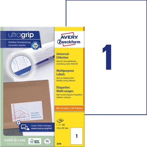 Avery Zweckform 3478, étiquettes multi-usages, ultraGrip, 100 feuilles, 1 par feuille, 210 x 279 mm-2
