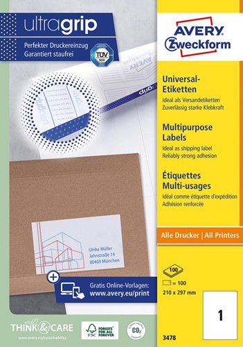 Avery Zweckform 3478, étiquettes multi-usages, ultraGrip, 100 feuilles, 1 par feuille, 210 x 279 mm