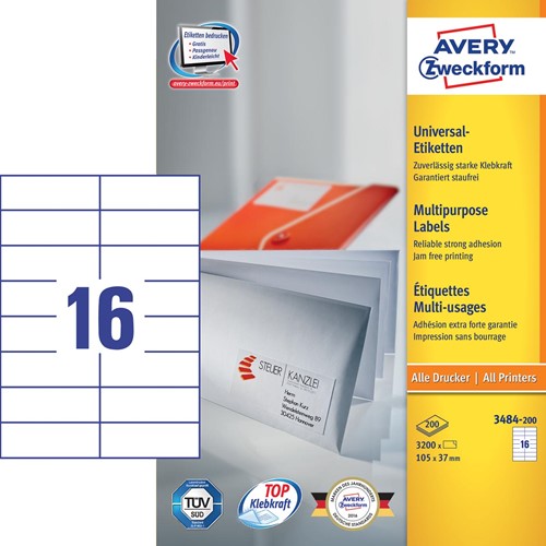 Avery Zweckform 3484, étiquettes universelles, Ultragrip, blanc, 200 feuilles, 105 x 37 mm-3