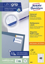 Avery Zweckform 3651, étiquettes universelles , Ultragrip, blanc, 100 feuilles, 52,5 x 29,7 mm