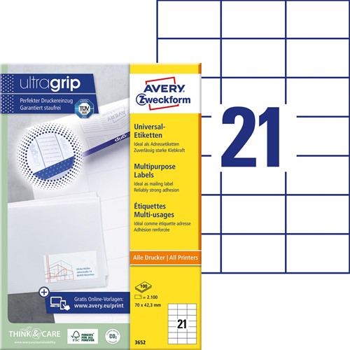 Avery Zweckform 3652, étiquettes universelles, Ultragrip, blanc, 100 feuilles, 70 x 42,3 mm-2