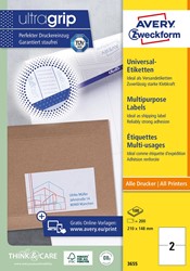 Avery Zweckform 3655, étiquettes universelles, Ultragrip, blanc, 100 feuilles, 210 x 148 mm