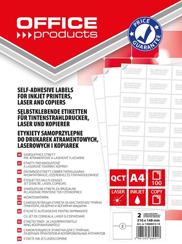 OFFICE products étiquettes, blanc, coins carrés, 100 feuilles, 210 x 148 mm, 2 étiquettes par feuille