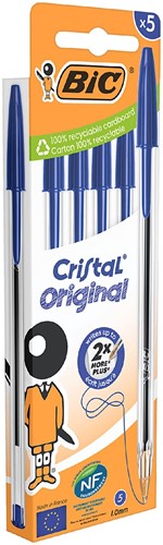 Bic stylo bille Cristal medium, bleu, blister de 5 pièces