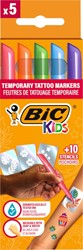 Bic Kids kit de marqueurs de tatouage, assorti, set de 5 stylos et 10 pochoirs