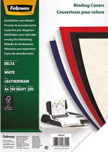 Fellowes couvertures, ft A4, carton grain cuir, 250 micron, paquet de 100 pièces, blanc