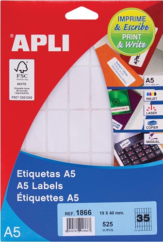 Apli étiquettes blanches Print & Write ft 19 x 40 mm (l x h), 525 pièces, 35 par feuille (1866)