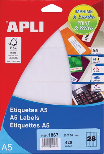 Apli étiquettes blanches Print & Write ft 20 x 50 mm (l x h), 420 pièces, 28 par feuille (1867)
