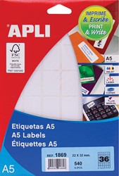 Apli étiquettes blanches Print & Write ft 22 x 32 mm (l x h), 540 pièces, 36 par feuille (1869)