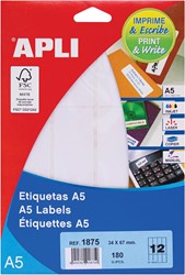 Apli étiquettes blanches Print & Write ft 34 x 67 mm (l x h), 180 pièces, 12 par feuille (1875)