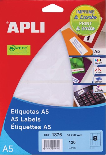 Apli étiquettes blanches Print & Write ft 36 x 82 mm (l x h), 120 pièces, 8 par feuille (1876)