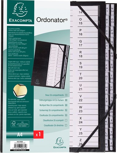 Exacompta trieur rigide Ordonator avec cavaliers plastiques, 26 compartiments, de A à Z, noir
