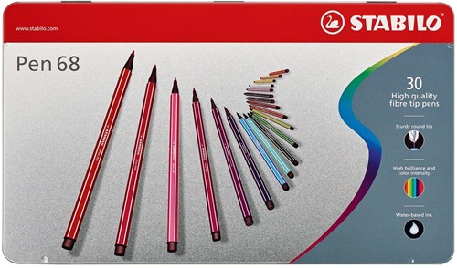 STABILO Pen 68 feutre, boîte métallique de 30 stiften en couleurs assorties