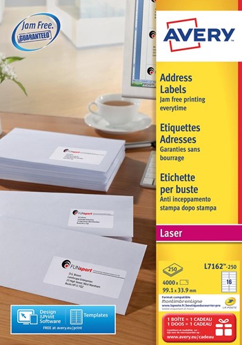 Avery L7162, Etiquettes adresses, Laser, Ultragrip, blanches, 250 pages, 16 per page, 99,1 x 33,9 mm