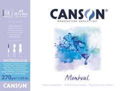 Montval papier aquarelle, blanc avec grain torchon 270 g/m², ft A3, bloc de 12 feuilles