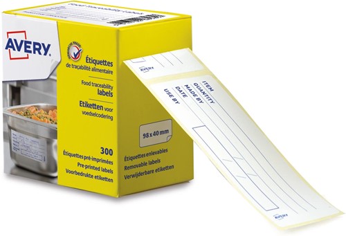 Avery étiquettes alimentaire, HACCP, ft 98 x 40 mm, boîte dévidoir de 300 étiquettes, anglais