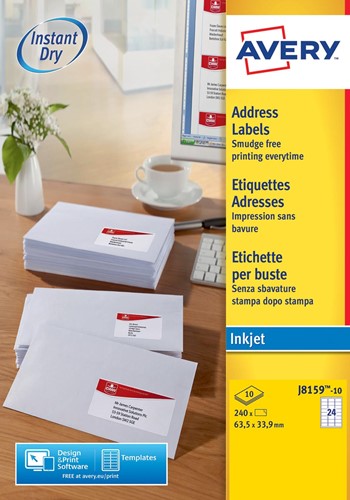 Avery J8159-10 étiquettes adresse ft 63,5 x 33,9 mm, 240 étiquettes, blanc