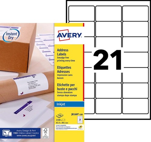 Avery J8160-100 étiquettes adresse 63,5 x 38,1 mm (b x h), 2.100 étiquettes, blanc-2