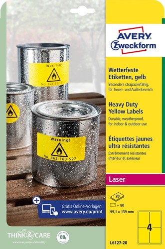 Avery étiquettes ultra-résistantes, ft 99,1 x 139 mm, jaune, paquet de 80 étiquettes