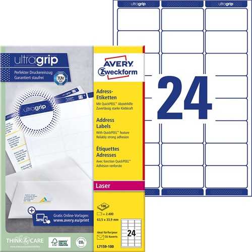 Avery L7159, Etiquettes adresses, Laser, Ultragrip, blanches, 100 pages, 24 per page, 63,5 x 33,9 mm-2