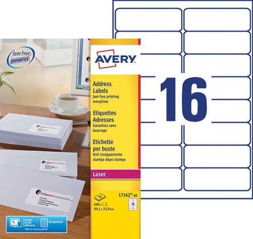 Avery L7162, Etiquettes adresses, Laser, Ultragrip, blanches, 40 pages, 16 per page, 99,1 x 33,9 mm-2