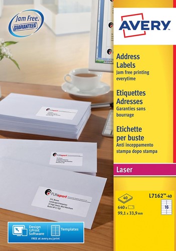 Avery L7162, Etiquettes adresses, Laser, Ultragrip, blanches, 40 pages, 16 per page, 99,1 x 33,9 mm