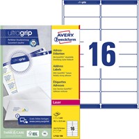 Avery L7162, Etiquettes adresses, Laser, Ultragrip, blanches, 100 pages, 16 per page, 99,1 x 33,9 mm-2