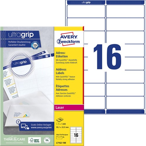 Avery L7162, Etiquettes adresses, Laser, Ultragrip, blanches, 100 pages, 16 per page, 99,1 x 33,9 mm-2