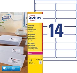 Avery L7163, Etiquettes adresses, Laser, Ultragrip, blanches, 40 pages, 14 per page, 99,1 x 38,1 mm