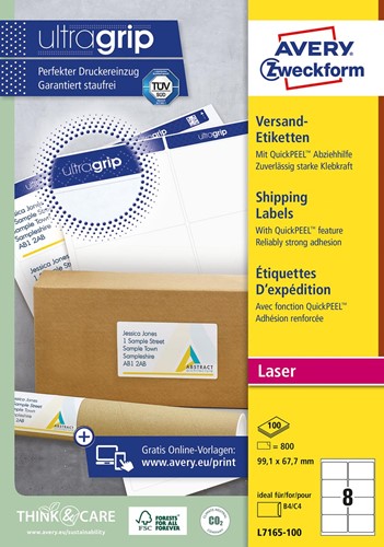 Avery L7165, Etiquettes d'expédition, Laser, Ultragrip, blanches, 100 pages, 8 per page, 99,1 x 67,7 mm