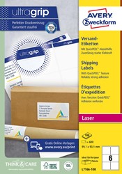 Avery L7166, Etiquettes d'expédition, Laser, Ultragrip, blanches, 100 pages, 6 per page, 99,1 x 93,1 mm