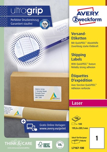 Avery L7167, Etiquettes d'expédition, Laser, Ultragrip, blanches, 100 pages, 1 per page, 199,6 x 289,1 mm