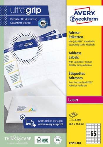 Avery L7651, Etiquettes d'expédition, Laser, Ultragrip, blanches, 100 pages, 65 per page, 38,1 x 21,2 mm