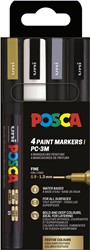 Uni POSCA marqueur peinture PC-3M, 1,5 mm, étui de 4 pièces en or, blanc, argent et noir