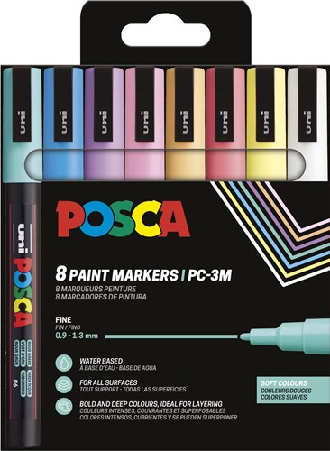 Uni POSCA marqueur peinture PC-3M, 1,5 mm, étui de 8 pièces en couleurs assorties douces